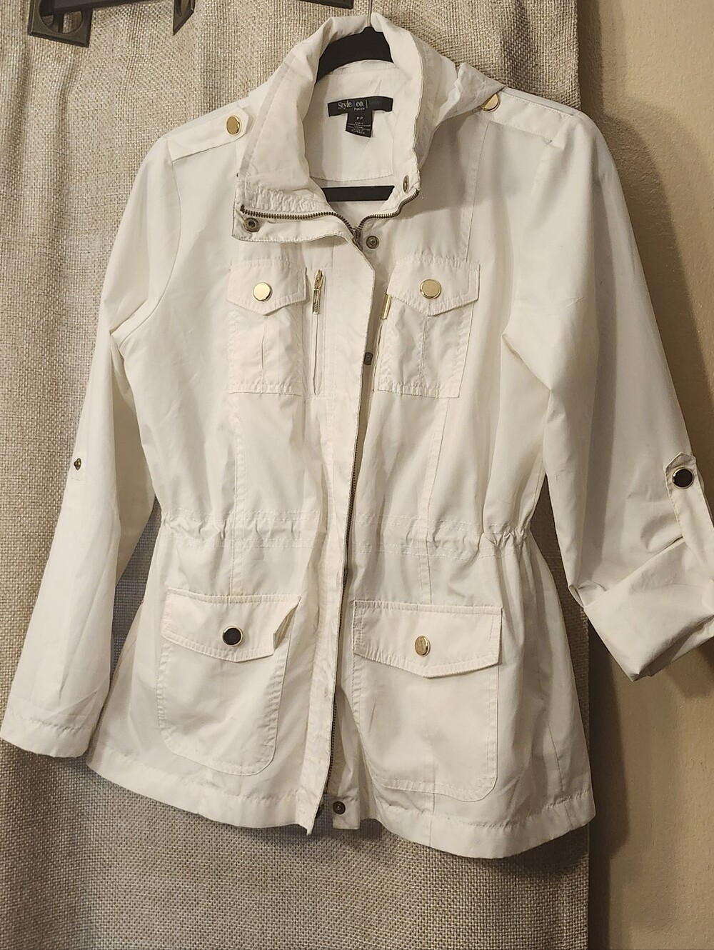 Style & Co. White Drawstring Utility Jacket with Gold Accents